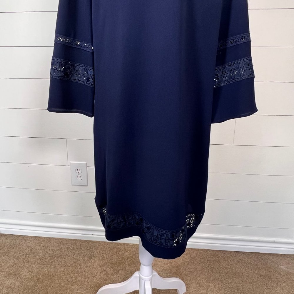 Karl Lagerfeld Eyelet Embellished Navy Blue Midi Sheath Dress Size M - Picture 10 of 12